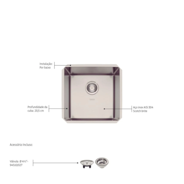 Cuba Tramontina Design Collection Quadrum 40 U em Aço Inox com Acabamento Acetinado 40x40 cm