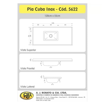 Pia de Cozinha Preta com Cuba Rorato 120x55cm