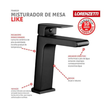 Torneira Misturador Monocomando de Mesa Lorenzetti Preto Loren Like