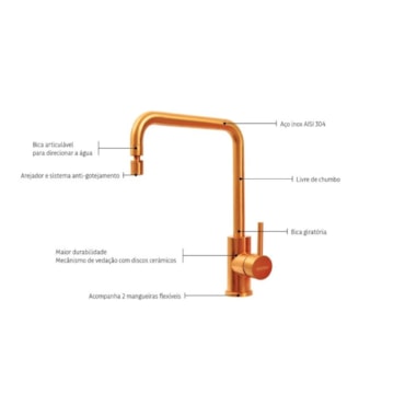 Torneira Monocomando Tramontina Angolare em Aço Inox Gold com Bica Articulada com revestimento PVD